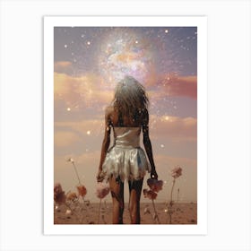 Cosmic portrait of a woman in the desert surrounded by flowers Art Print