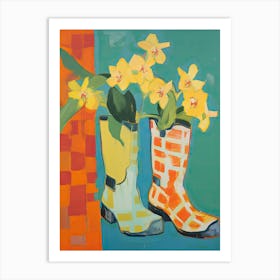 Painting Of Yellow Flowers And Cowboy Boots, Oil Style  2 Art Print