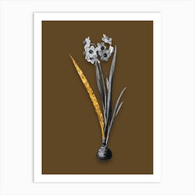 Vintage Daffodil Black and White Gold Leaf Floral Art on Coffee Brown Art Print