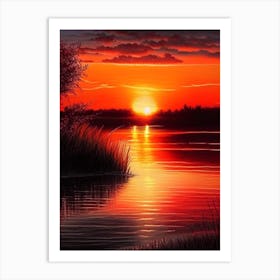 Sunset Over Lake Waterscape Crayon 1 Art Print