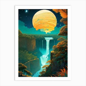 Waterfall Moon In The Jungle - Trippy Abstract Cityscape Iconic Wall Decor Visionary Psychedelic Fractals Fantasy Art Cool Full Moon Third Eye Space Sci-fi Awesome Futuristic Ancient Paintings For Your Home Gift For Him Art Print
