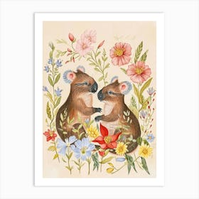 Folksy Floral Animal Drawing Koala 2 Art Print