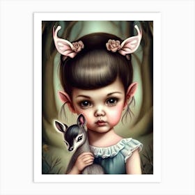 A Young Girl Holding A Deer Art Print