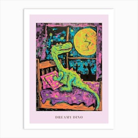 Dinosaur Snoozing In Bed At Night Abstract Illustration 2 Poster Art Print