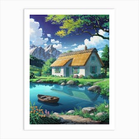 Anime Canvas Art: Cozy Cottage with Orange Roof, Blue Pond, Yellow Blossoms, and Mountain Backdrop, Perfect for Lofi Aesthetic and Tranquil Nature Lovers. Art Print