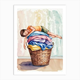 Boy Sleeping In A Basket Art Print