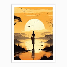 Silhouette Of African Woman Walking In The Water Art Print