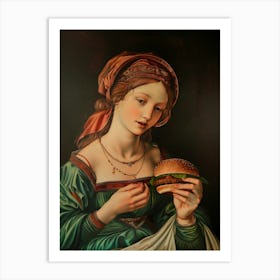 Altered ancient oil painting pop, lady With A Burger Art Print