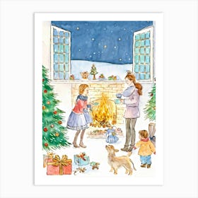 Illustration Of A Vintage Christmas Scene Filled With Magical Holiday Spirit Family Gathered Aroun Art Print