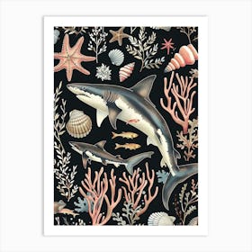 Mako Shark Seascape Black Background Illustration 1 Art Print