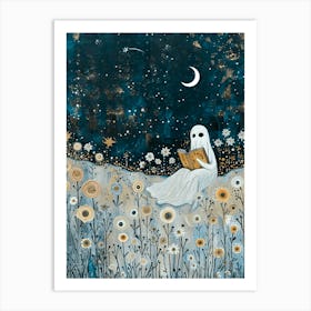 Cute Ghost Reading Under the Moon and Stars Botanical Library Bedroom Book Nook Art | Spooky Beautiful Funny Print Painting Lovely Artwork in HD Art Print