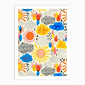 Weather Forecast Abstract Sun, Rain, and Clouds Kids Art Print