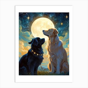 Two Dogs Under The Moon Art Print