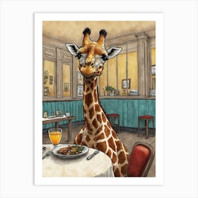 Giraffe At The Table Art Print