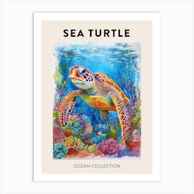 Colourful Sea Turtle On The Magical Ocean Floor Pencil Illustration Poster Art Print
