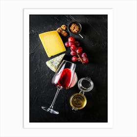 Red wine and cheese — Food kitchen poster/blackboard, photo art Art Print