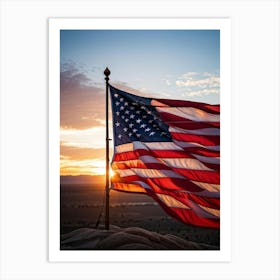 American Flag Rippling In The Wind At Sunrise Red And Blue Stripes Forming A Vivid Pattern Symboliz Art Print