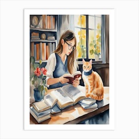 Girl Reading Book With Cat Art Print