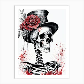 Floral Skeleton With Hat Ink Painting (41) Art Print