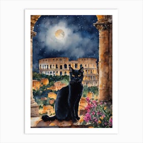 Black Cat at The Colosseum Rome - Iconic Italy Cityscapes Italian Ancient Buildings Traditional Watercolor Art Print Kitty Travels Home and Room Wall Art Cool Decor Klimt and Matisse Inspired Modern Awesome Cool Unique Pagan Witchy Witches Familiar Gift For Cat Lady Animal Lovers World Travelling Genuine Works by British Watercolour Artist Lyra O'Brien Art Print