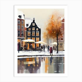 Amsterdam cafes, winter season, Christmas, autumn oil colors, pale colors, pedestrians in the street, winter clothes, falling snow.4 Art Print