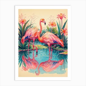 Flamingos In Water Art Print