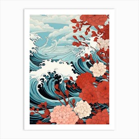 Great Wave With Carnation Flower Drawing In The Style Of Ukiyo E 3 Art Print