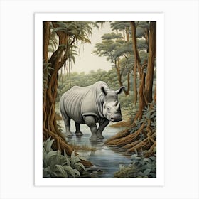 Rhino In The Stream Deep In The Forest Realistic Illustration 2 Art Print