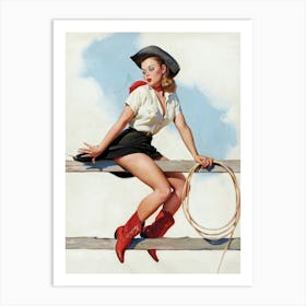 Cowgirl Sitting on Fence, Vintage, Retro Western Aesthetic Art Print