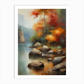 Autumn Lake,Forest Lake, Vintage Oil Painting, Farmhouse Wall Decorations, Antique Landscape, Vintage Landscape Oil Painting.17 Art Print