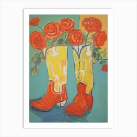 Painting Of Roses Flowers And Cowboy Boots, Oil Style 6 Art Print