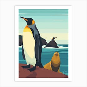 King Penguin Sea Lion Island Minimalist Illustration 1 Art Print