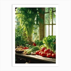 A Tranquil Domestic Garden Overflowing With Vibrant Vegetables Gleaming Tomatoes Peep From The Le Art Print