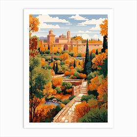 Gardens Of Alhambra, Spain In Autumn Fall Illustration 1 Art Print