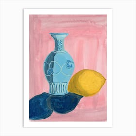 Blue Vase And Lemon Art Print
