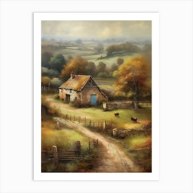 The old British countryside, a work of wall art dating back to 1960, with all its details and colours. The farm is an old oil painting in faded oil colours.1 Art Print