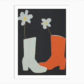 Painting Of Cowboy Boots With White Flowers, Pop Art Style Art Print
