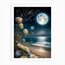 Moon And Flowers Art Print