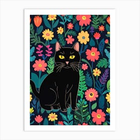 Black Cat With Flowers 1 Art Print