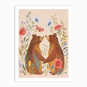 Folksy Floral Animal Drawing Brown Bear Art Print