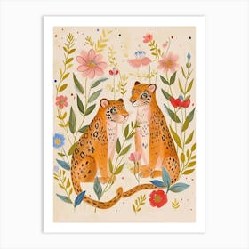 Folksy Floral Animal Drawing Jaguar 5 Art Print
