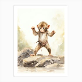 Monkey Painting Practicing Tai Chi Watercolour 2 Art Print