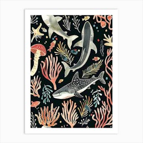 Shark Pattern Seascape Black Background Illustration 1 Art Print