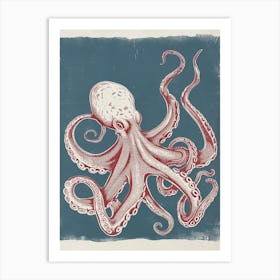 Octopus In Ocean Blue Linocut Background 1 Art Print