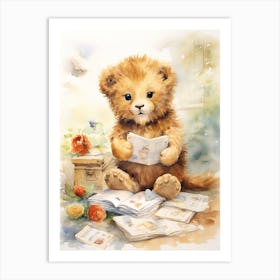 Collecting Stamps Watercolour Lion Art Painting 2 Art Print