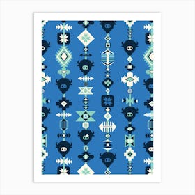 American Buffalo and Aztec Lines Navy, Blue, Aquamarine Art Print