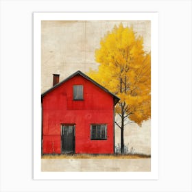 Red House With Yellow Tree Art Print