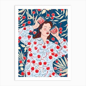 Woman Portrait With Cherries 9 Pattern Art Print