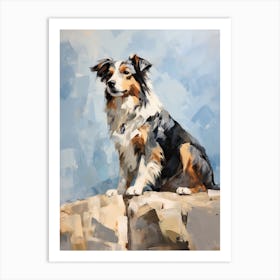 Australian Shepherd Dog, Painting In Light Teal And Brown 2 Art Print