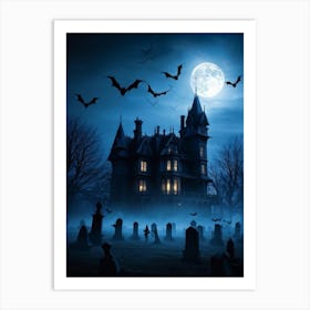 Frightened Souls Hovering Over A Victorian Mansion On A Dark Halloween Night Silhouetted Against A (4) Art Print